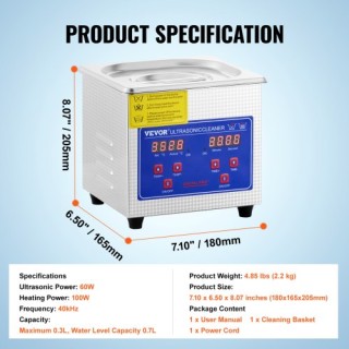 VEVOR 1.3L Υπερηχητικό Καθαριστικό με Ψηφιακό Χρονοδιακόπτη για Κοσ...