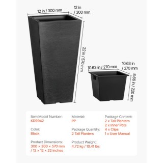 VEVOR Σετ 2 Ψηλών Τετράγωνων Κωνικών Γλαστρών 22 για Εσωτερικό/Εξωτ...