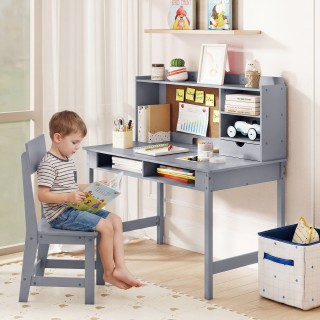 Costway Παιδικό Γραφείο με Καρέκλα Ξύλινο, Μαθητικό Γραφείο με Πίνα...