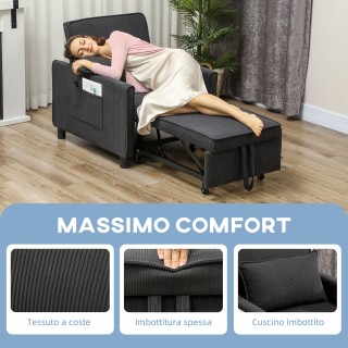HOMCOM  Πολυθρόνα Κρεβάτι Ανακλινόμενη με Πλαϊνές Τσέπες, από Ύφασμ...