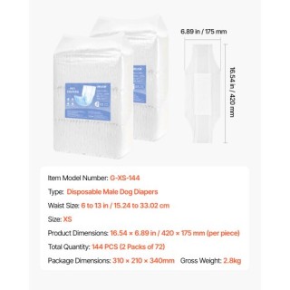 VEVOR Πολύ Απορροφητικές Πάνες για Αρσενικούς Σκύλους XS 144 τεμάχι...