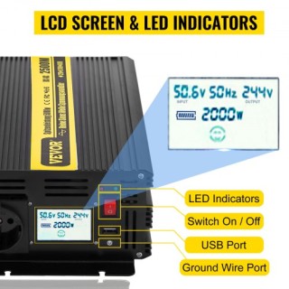 VEVOR Καθαρός Ημιτονοειδής Μετατροπέας 2500W 12V/230V με USB & LCD ...