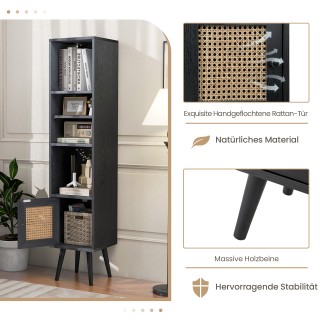 Costway  Μαύρη Boho Βιβλιοθήκη με Ρατάν Πόρτα & 4 Ράφια JV10828DK