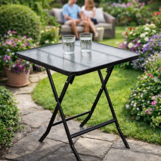 BAKAJI Τετράγωνο Πτυσσόμενο Τραπέζι με Μαύρο Σκελετό και Γυάλινη Επ...