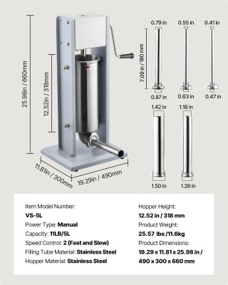 VEVOR Μηχανή Χειροκίνητης Παρασκευής Λουκάνικων 5L, Διπλής Ταχύτητα...