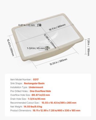 VEVOR Ορθογώνιος Υπόσκαφος Νιπτήρας Μπάνιου 460 x 330 mm με Υπερχεί... VEVOR Ορθογώνιος Υπόσκαφος Νιπτήρας Μπάνιου 460 x 330 mm με Υπερχεί...