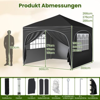 Costway Μαύρο 3x3 M Περίπτερο Κήπου με Αποσπώμενες Πλευρές και Αξεσ...