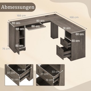 Costway Γκρι Γραφείο Γωνιακό με Φορτιστή, Πληκτρολόγιο & 2 Συρτάρια...