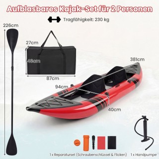 Costway Σετ Φουσκωτό Καγιάκ Κόκκινο με Κουπιά Αλουμινίου και Επενδε...