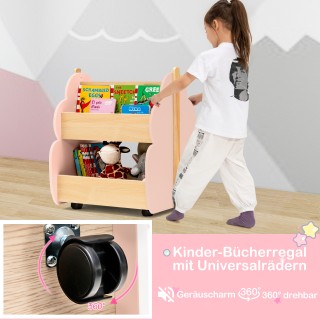 Costway Ροζ Ξύλινη Βιβλιοθήκη Παιδική με Ρόδες - 2 Επιπέδων TP10080PI