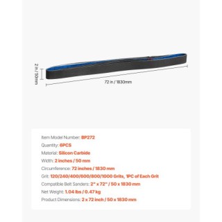 VEVOR Σετ 6 Ταινιών Τριβής 50 x 1830mm για Λείανση (120-1000 Grit) ...