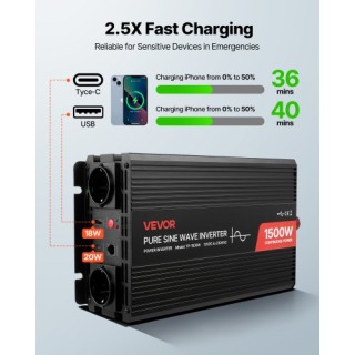 VEVOR 1500W Μετατροπέας Ισχύος Pure Sine Wave, 12V DC σε 230V AC με...