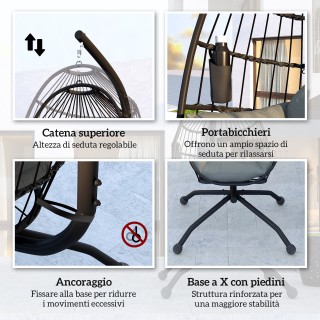 Outsunny Αιώρημα Καρέκλα Αυγού με Ρυθμιζόμενο Γάντζο, 2 Μαξιλάρια κ... Outsunny Αιώρημα Καρέκλα Αυγού με Ρυθμιζόμενο Γάντζο, 2 Μαξιλάρια κ...