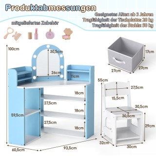 Costway Παιδικό Τραπεζάκι Μακιγιάζ με Καθρέφτη & Φωτισμό - Σετ Τραπ...