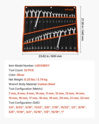 VEVOR Σετ Γερμανικών κλειδιών, 32 τεμαχίων, SAE και Metric, 12 σημε...