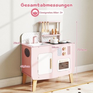 Costway Ροζ Ξύλινη Παιδική Κουζίνα με Σκεύη & Νεροχύτη 73,5 x 58 x ...