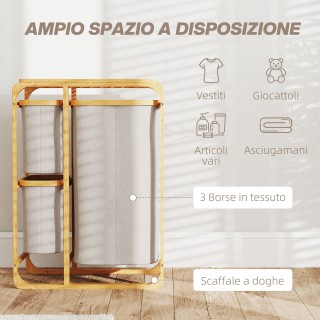 HOMCOM  Καλάθι Απλύτων από Μπαμπού με 3 Σάκους και Αποσπώμενα Ράφια...