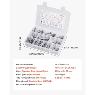 VEVOR Σετ 246 Τεμαχίων Μπουλόνια & Παξιμάδια Ανοξείδωτα Ιμπεριαλ γι...