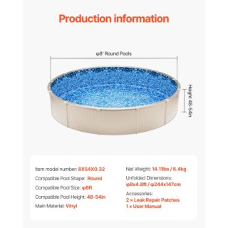 VEVOR Στρογγυλή Επένδυση Πισίνας 8ft Στυλ Επικάλυψης για Πισίνα με ...