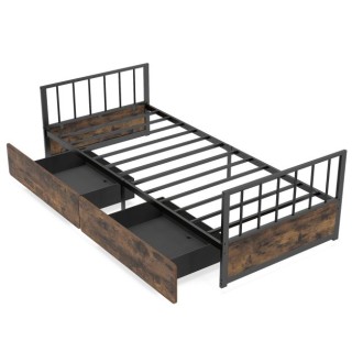 Costway Μεταλλικό μονό κρεβάτι 90 x 200 εκ. με 2 συρτάρια, κεφαλάρι...