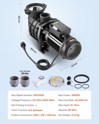 VEVOR Αντλία Πισίνας 3000W, Μέγ. Ροή 35,000 L/H, Μονοτάχυτη, AC 220...