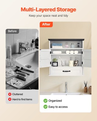 VEVOR Ντουλάπι Τοίχου Μπάνιου με Ρυθμιζόμενο Ράφι, Λευκό, 61x23x63....