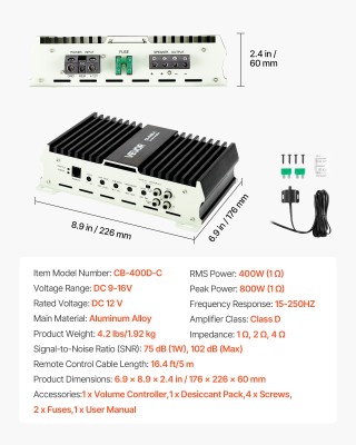 VEVOR Μονομπλόκ Ενισχυτής Αυτοκινήτου 400W RMS με Τηλεχειριστήριο Υ...