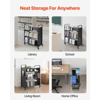 VEVOR Τροχήλατο Καρότσι Βιβλίων 3 Επιπέδων με Διπλής Όψης Ράφια σε ...