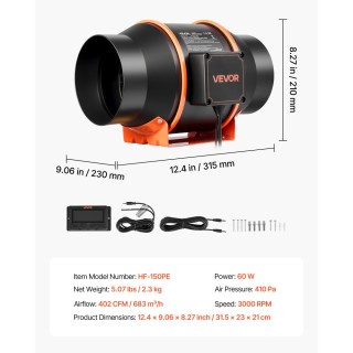 VEVOR Ανεμιστήρας Αγωγού 683 m³/h 152,4 mm με EC Κινητήρα, 10 Ταχύτ...