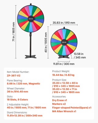 VEVOR Τροχός Τύχης 36 με Ρυθμιζόμενο Ύψος, 18 Θέσεις, Εύκολη Συναρμ...