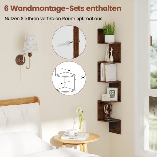 Costway Πενταώροφο Γωνιακό Ράφι Τοίχου σε Καφέ Απόχρωση JZ10377CF