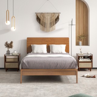 Κομοδίνο από Μπαμπού & Ρατάν με Συρτάρι και Πόδια από Μασίφ Ξύλο Βο...