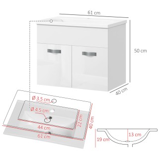 Kleankin  Κρεμαστό Έπιπλο Μπάνιου με Νιπτήρα, Ντουλάπι με 2 Πόρτες ...