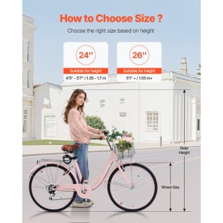 VEVOR 26-Ιντσών Ροζ Ποδήλατο Cruiser 7-Ταχυτήτων με Καλάθι GK26INCH...