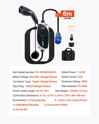 VEVOR Φορητός φορτιστής ηλεκτρικού οχήματος 7.4 kW, 32A, Τύπος 2, μ...