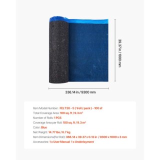 VEVOR Υπόστρωμα Δαπέδου 9.3 m² 3mm Ανακυκλωμένες Ίνες Μπλε Αντιθορυ...