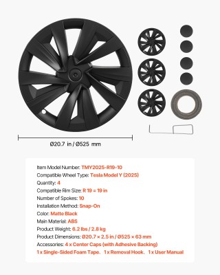 VEVOR Καλύμματα Τροχών 19 για Tesla Model Y 2025, Σετ 4 Τεμαχίων, Μ...