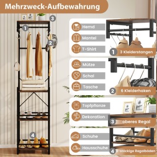 Costway Λεπτή Καφέ Κρεμάστρα  Εισόδου με 4 Ράφια, 6 Γάντζους & 3 Κο...