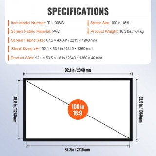 Οθόνη Προβολέα VEVOR 100 16:9 4K HD με Αλουμινένιο Πλαίσιο για Εσωτ...
