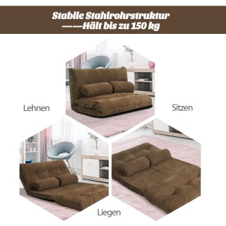 Costway Καφέ Πτυσσόμενος Καναπές-Κρεβάτι Δαπέδου με 2 Μαξιλάρια & Ρ...