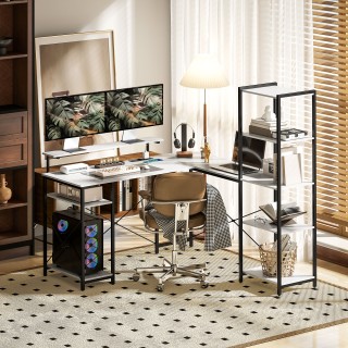 HOMCOM  Γωνιακό Γραφείο με Ηλεκτρική Πρίζα και USB, Ράφι και Βάση γ...