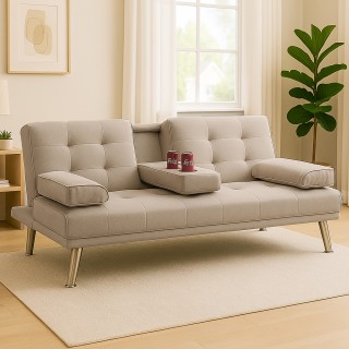 BAKAJI Καναπές-Κρεβάτι 2σε1 σε Ύφασμα Μπεζ με Μαξιλάρια και Μπράτσο...