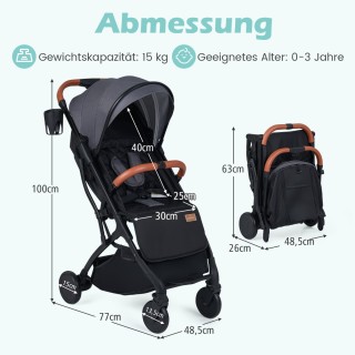 Costway Αναδιπλούμενο παιδικό καρότσι ταξιδιού γκρι με κάλυμμα βροχ...