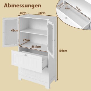 Costway Λευκή Στήλη Μπάνιου 60 x 30 x 108 cm με Συρτάρια και Γυάλιν...