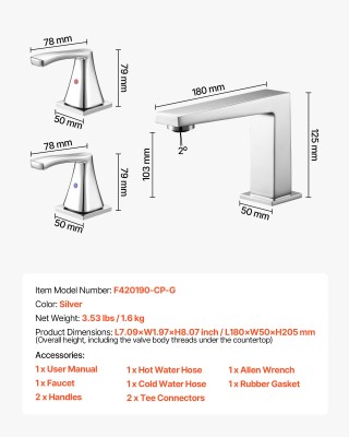 VEVOR Αναμεικτήρας Ρωμαϊκής Μπανιέρας, Ασημί, 7.09 x 1.97 x 8.07 ίν...