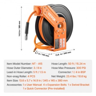 VEVOR  Ανασυρόμενος Σωλήνας Αέρα 3/8 x 50 Υβριδικός, 300 PSI  KFSKQ...