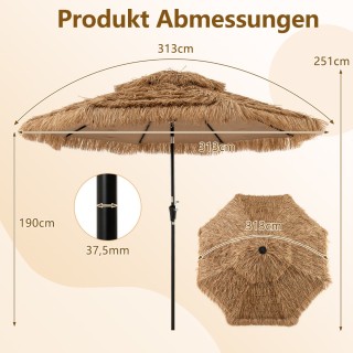 Costway Ομπρέλα Χαβάη 300 cm με LED Ηλιακό Φωτισμό και Διπλή Οροφή ...