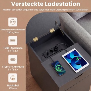 Costway Μαύρο Κομοδίνο με Σταθμό Φόρτισης, Ρυθμιζόμενο Ράφι, Ντουλά...