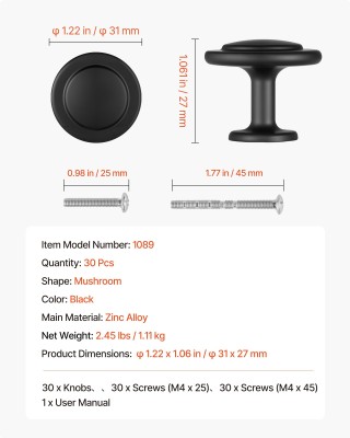 VEVOR Μανιτάρια Μαύρα Χερούλια Ντουλαπιών Ø31 x 27 mm - Σετ 30 τεμα... VEVOR Μανιτάρια Μαύρα Χερούλια Ντουλαπιών Ø31 x 27 mm - Σετ 30 τεμα...