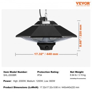 VEVOR Κρεμαστός Θερμαντήρας Βεράντας 2000W με Τηλεχειριστήριο  HWXJ...